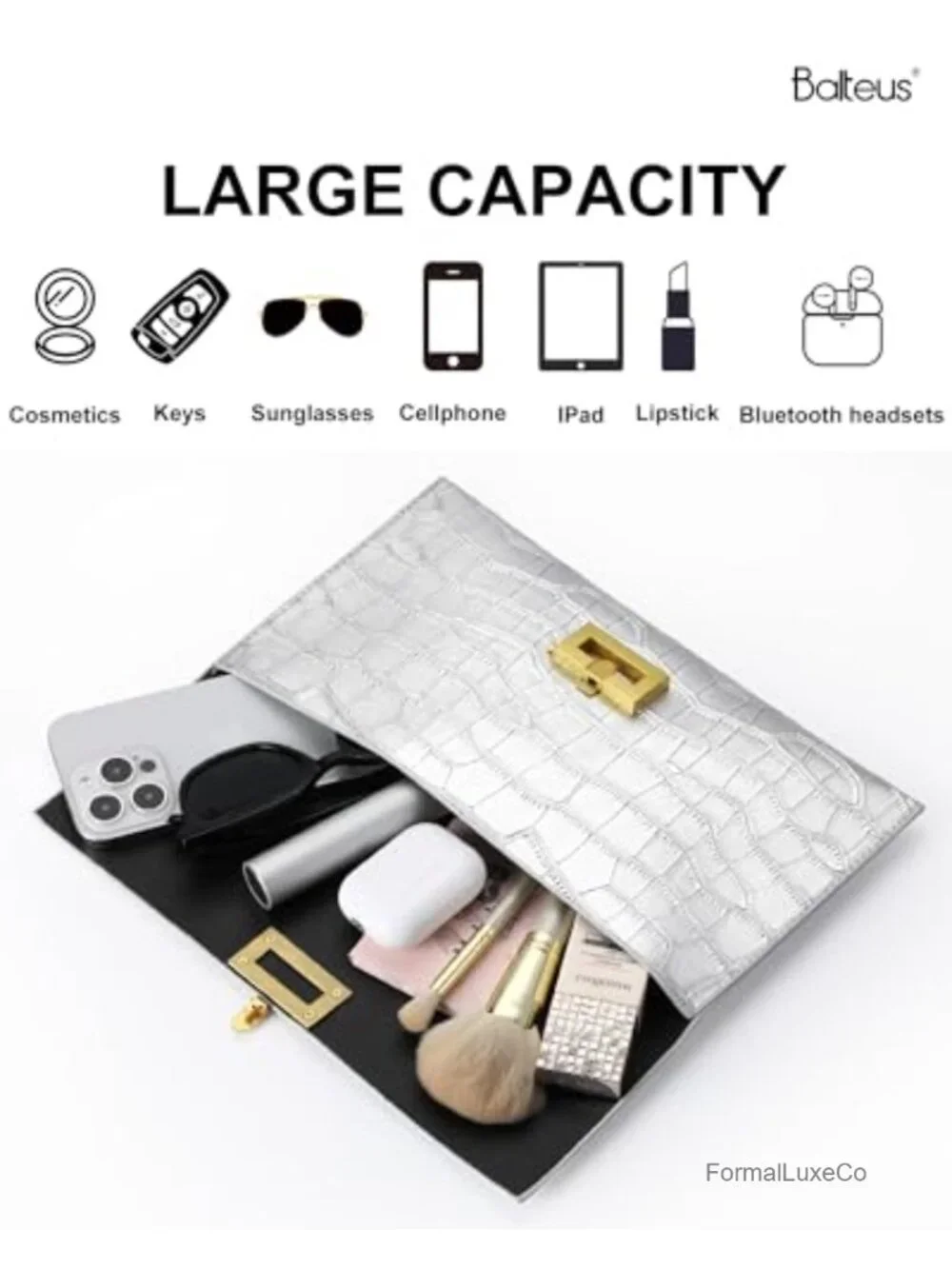 Croc-Embossed Metallic Envelope Clutch for Women, Faux Leather Evening Bag
